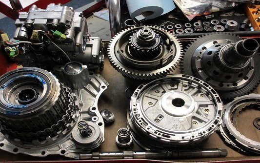 Transmission parts laid out for a rebuild
